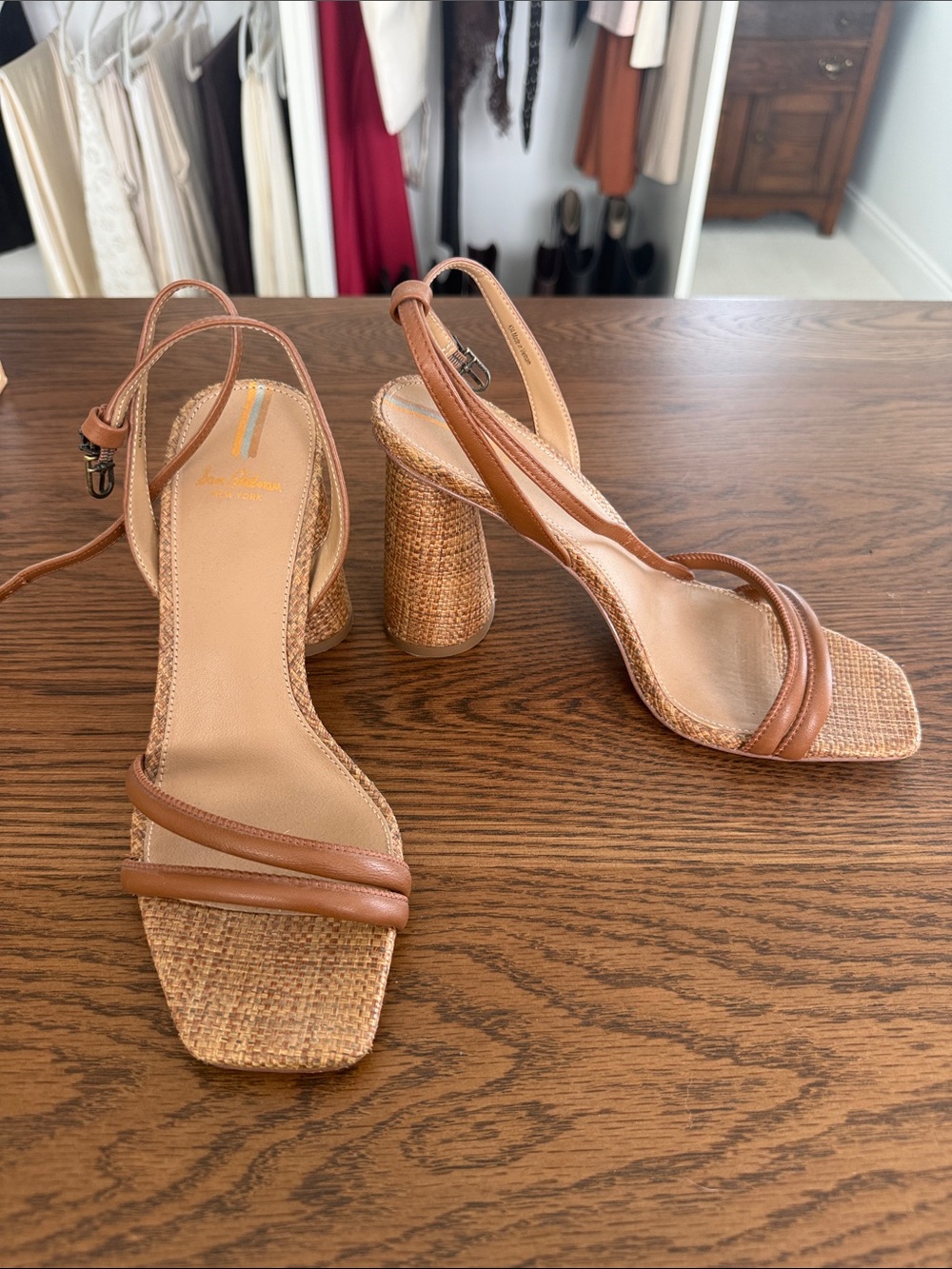 Sam Edelman size 7.5 Tan Woven Block Heel Slingback Sandals